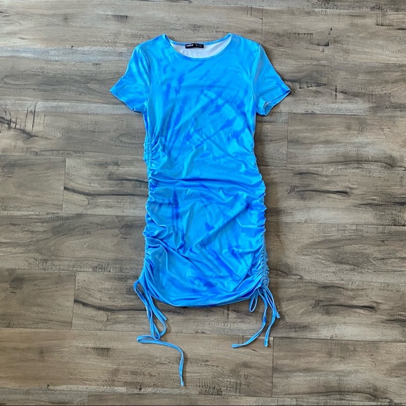 Tie Dye Baby Blue Aqua Bodycon Sexy Shirt Dress Mini Casual Short Sleeves - Picture 2 of 6
